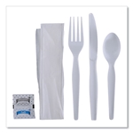 Boardwalk Six-Piece Cutlery Kit, Condiment/fork/knife/napkin/spoon, Heavyweight, White, 250/cs