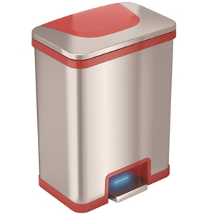 Step Pedal-Sensor Trash Can, 13 gal, Plastic/Stainless Steel, Silver/Red