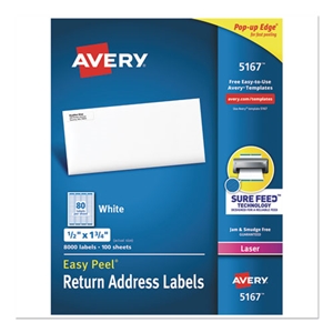 Avery Easy Peel White Address Labels W/ Sure Feed Technology, Laser Printers, 0.5 X 1.75, White, 80/sheet, 100 Sheets/box