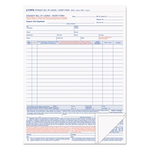 TOPS Bill of Lading, Three-Part Carbonless, 8.5 x 11, 50 Forms Total