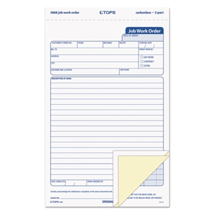 TOPS Job Work Order, Three-Part Carbonless, 5.66 x 8.63, 50 Forms Total