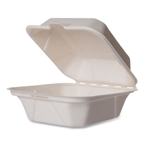 Vegware White Molded Fiber Clamshell Containers, Compostable, 5.9 x 5.9 x 2.9, White, Sugarcane, 400/Carton