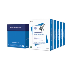 Hammermill Great White 30 Recycled Print Paper, 92 Bright, 20 lb Bond Weight, 8.5 x 11, White, 500 Sheets/Ream, 5 Reams/Carton