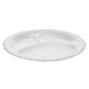 8.88 inch Pactiv Placesetter Deluxe Laminated Foam Dinnerware, 3-Compartment Plate, dia, White, 500/ct