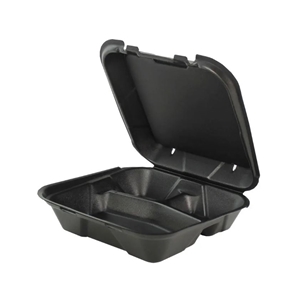 9x9x3 Snap-It Foam Hinged Container Large 3-Compartment 9-1/4 x 9-1/4 x 3 Black, 200/pk
