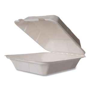 Vegware White Molded Fiber Clamshell Container, Compostable, 7.9 x 7.9 x 2.9, White, Sugarcane, 200/Carton