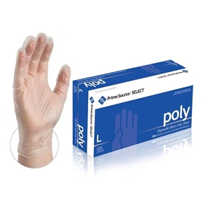 Large Poly Gloves, Prime Source, Clear, 0.3 Mil 500/Box, 4 Boxes/cs
