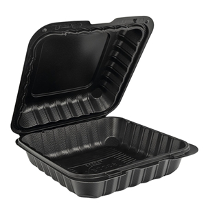 9x9 1 Compartment Black Hinged Container, Microwaveable, 150/cs