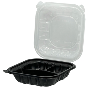 9x9x3 3-Compartment Hinged Container, Black/Clear, 150/cs