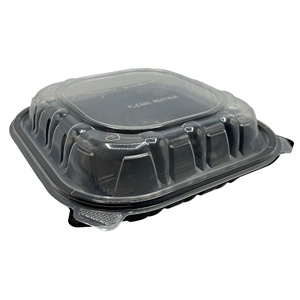 9x9 1-Compartment Hinged Plastic Container, Black/Clear, 150/cs