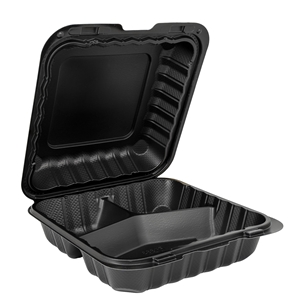 8x8x3 Black Hinged Takeout Container, 3 Compartment, 150/Case
