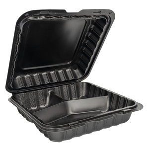 9x9 3 Compartment Black Hinged Take-Out Container, 150/cs