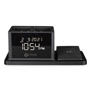 ottlite Desktop Organizer with LED Alarm Clock/Device Charger, 2 Compartments, 10.68 x 4.88 x 4.32, Black, Plastic