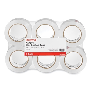 Universal Deluxe General-Purpose Acrylic Box Sealing Tape, 2 mil, 3" Core, 1.88" x 109 yds, Clear, 6/Pack