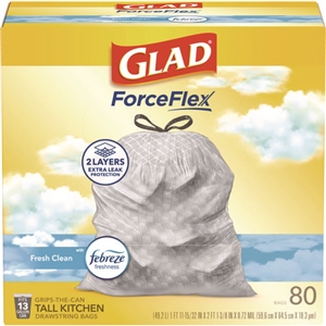 Glad OdorShield Tall Kitchen Drawstring Bags, 13 gal, Fresh Clean Scent, 24" x 27.38", White, 80/Box