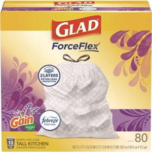 Glad OdorShield Tall Kitchen Drawstring Bags, 13 gal, Lavender Breeze Scent, 24" x 27.38", White, 80/Box