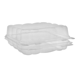 PET 1 Compartment Clamshell Container, Clear, 8" x 8", 1/CS/200 2/PK/100