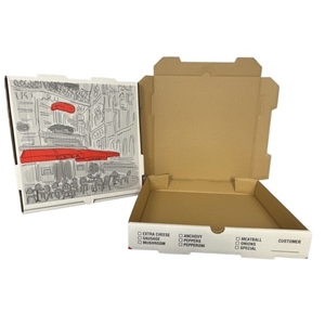 Nemco 10x10x2 Kraft Print Pizza Cafe Box Kraft / Kraft B Flute 50 / cs