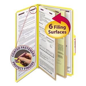 Smead Six-Section Pressboard Top Tab Classification Folders, Six SafeSHIELD Fasteners, 2 Dividers, Legal Size, Yellow, 10/Box