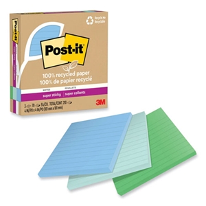 NotesStick 100% Recycled Paper Super Sticky Notes, Ruled, 4" x 4", Oasis, 70 Sheets/Pad, 3 Pads/Pack