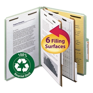 Smead Six-Section Pressboard Top Tab Classification Folders, Six SafeSHIELD Fasteners, 2 Dividers, Letter Size, Bright Red, 10/Box