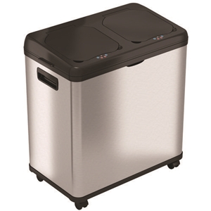 Dual Compartment Sensor Recycle Bin and Trash Can with Wheels, 16 gal, Plastic/Stainless Steel, Silver/Black