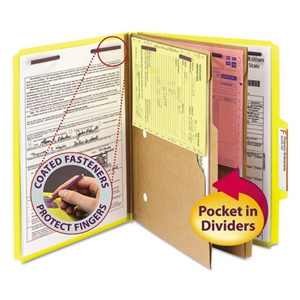 Smead 6-Section Pressboard Top Tab Pocket Classification Folders, 6 SafeSHIELD Fasteners, 2 Dividers, Letter Size, Yellow, 10/Box