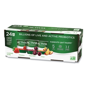 Activia Probiotic Lowfat Yogurt, 4 oz Cups, Black Cherry/Peach/Strawberry, 24/Pack