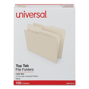 Universal Top Tab File Folders, 1/2-Cut Tabs: Assorted, Letter Size, 0.75" Expansion, Manila, 100/Box