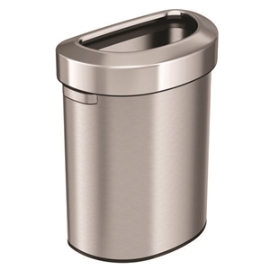 Open Top Trash Can, Half-Round, 18 gal, Plastic/Stainless Steel, Silver