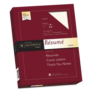 Southworth 100% Cotton Resume Paper, 32 lb Bond Weight, 8.5 x 11, Ivory, 100/Pack