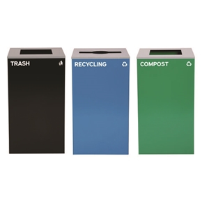 29 Gallon Trash/Recycling Cans, Steel, Blue Recycling Can/Mixed Lid, Green Compost Can and Black Trash Can with Square Lids