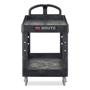 RubbmdComm BRUTE Heavy-Duty Utility Cart with Lipped Shelves, Plastic, 2 Shelves, 500 lb Capacity, 25.9" x 45.2" x 32.2", Black