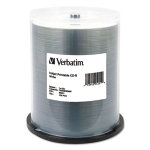 Verbatim CD-R Printable Recordable Disc, 700 MB/80 min, 52x, Spindle, White, 100/Pack