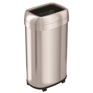 Open Top Trash Can with Wheels, Oval, 16 gal, Plastic/Stainless Steel, Silver