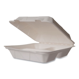 Vegware White Molded Fiber Clamshell Containers, Compostable, 3-Compartment, 9 x 18 x 2, White, Sugarcane, 200/Carton