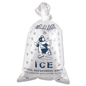 Inteplast Ice Bags with Twist-Ties, Ice: Penguin Icon Labeling, 10 lb Capacity, 12" x 21", Clear, 1,000/Carton
