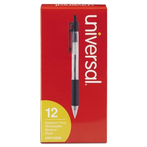 Universal 12 pcs Comfort Grip Retractable Ballpoint Pen, 1mm, Black Ink, Clear Barrel