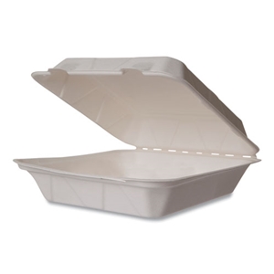Vegware White Molded Fiber Clamshell Containers, Compostable, 9 x 9 x 3, White, Sugarcane, 200/Carton