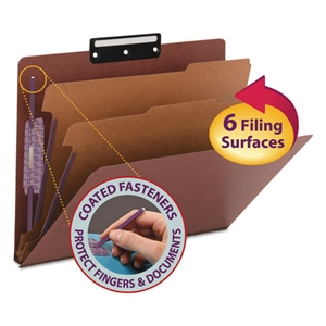 Smead Pressboard Classification Folders, Six SafeSHIELD Fasteners, 1/3-Cut Tabs, 2 Dividers, Letter Size, Red, 10/Box