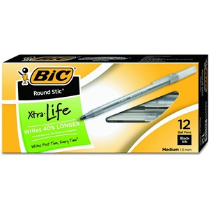 BIC Round Stic Xtra Life Ballpoint Pen, Medium Point (1.0mm), Black, 12-Count