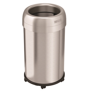 Open Top Trash Can with Wheels, Round, 13 gal, Plastic/Stainless Steel, Silver