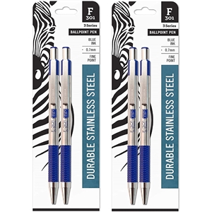 Zebra F-301 Ballpoint Stainless Steel Retractable Pen Blue 0.7mm Fine Point