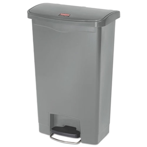 RubbmdComm Slim Jim Streamline Resin Step-On Container, Front Step Style, 13 gal, Polyethylene, Gray