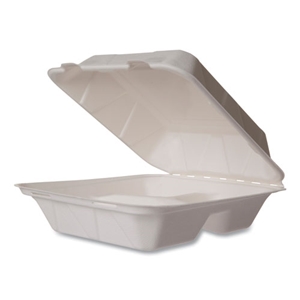 Vegware White Molded Fiber Clamshell Containers, Compostable, 3-Compartment, 7.9 x 7.9 x 2.9, White, Sugarcane, 200/Carton
