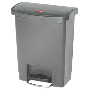 RubbmdComm Slim Jim Streamline Resin Step-On Container, Front Step Style, 8 gal, Polyethylene, Gray