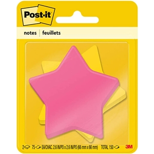 3M Post-it Notes, Star Shape, Yellow and Pink with pattern, 2.9 in x 2.8 in, 2 Pads, 75 Sheets/Pad (7350-STR)